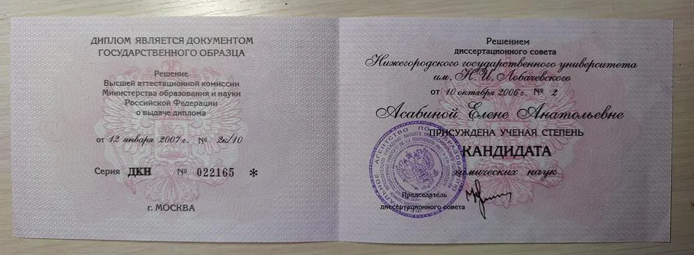 Диплом кандидата химических наук
