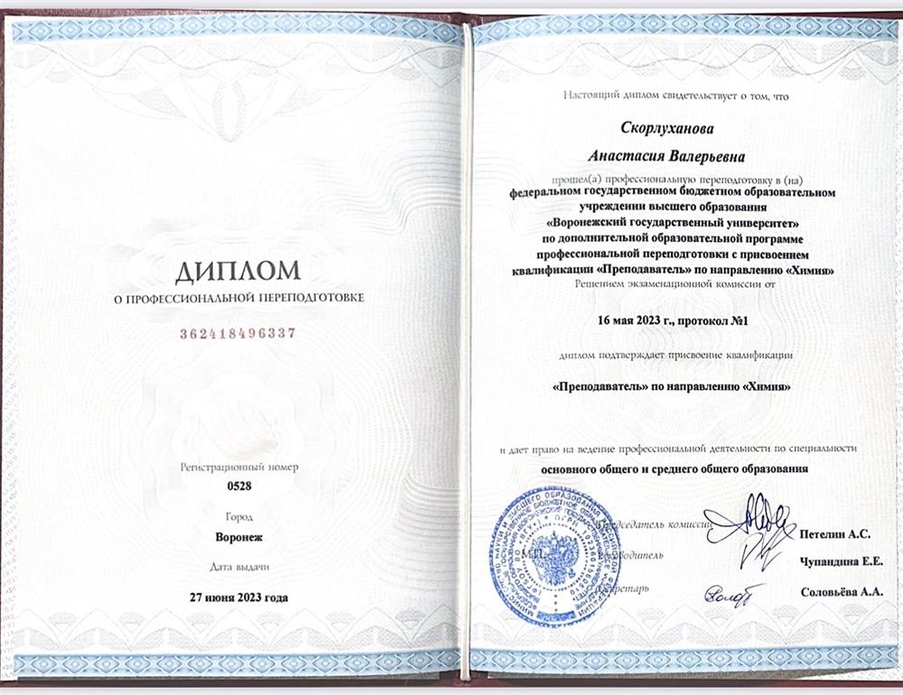 Диплом о профессиональной переподготовке по направлению «Преподаватель по направлению химия»