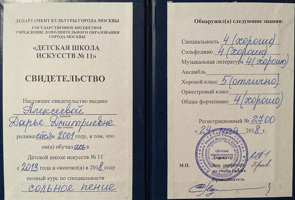 Свидетельство об окончании детской школы искусств 