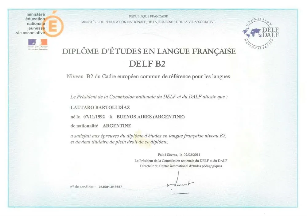 DELF B2 Certificate 