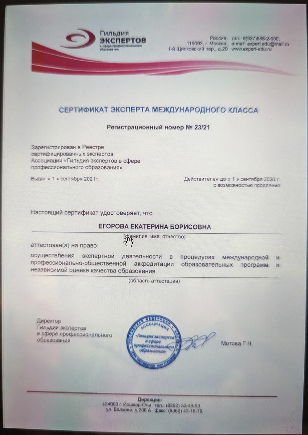 Сертификат эксперта международного класса