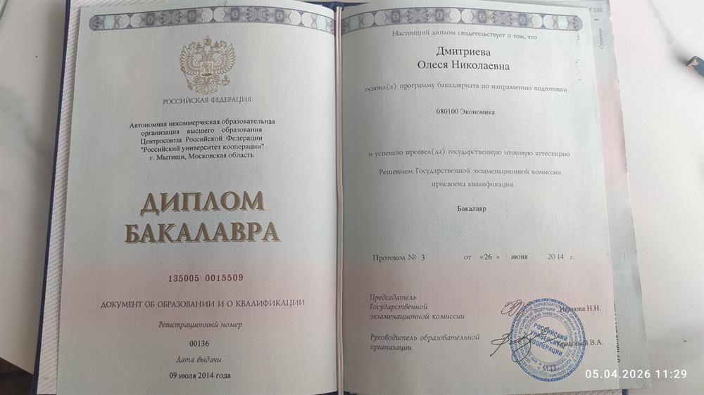 Диплом бакалавра по специальности Экономика.
