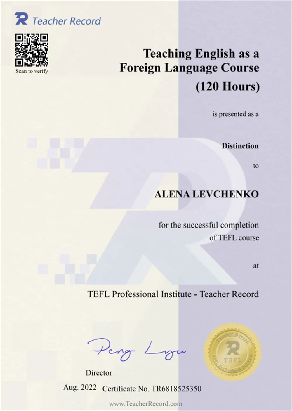 120 hours TEFL (Teaching English as a Foreign Language) 