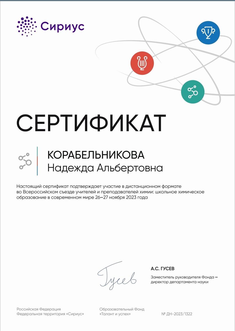 Сертификат участника всероссийского съезда учителей и преподавателей химии