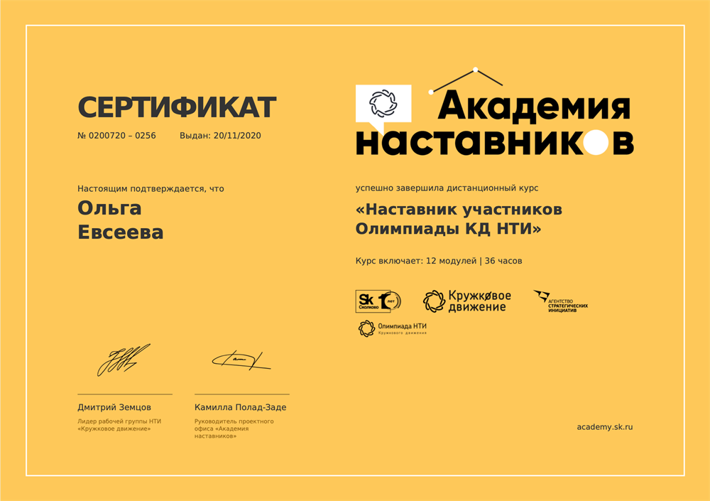 Сертификат "Наставник участника Олимпиады КД НТИ"