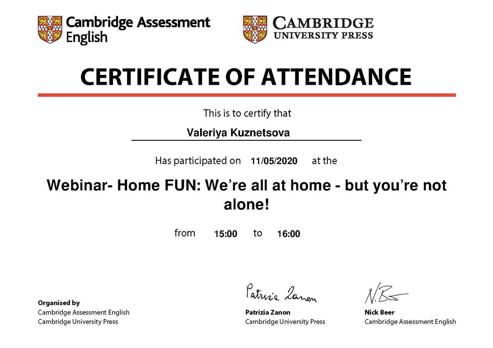 Сертификат. Cambridge Webinar- Home FUN: We’re all at home - but you’re not alone!