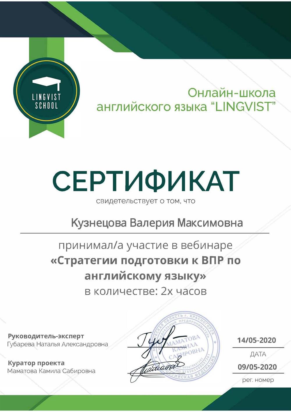 Сертификат " стратегии подготовки к ВПР"