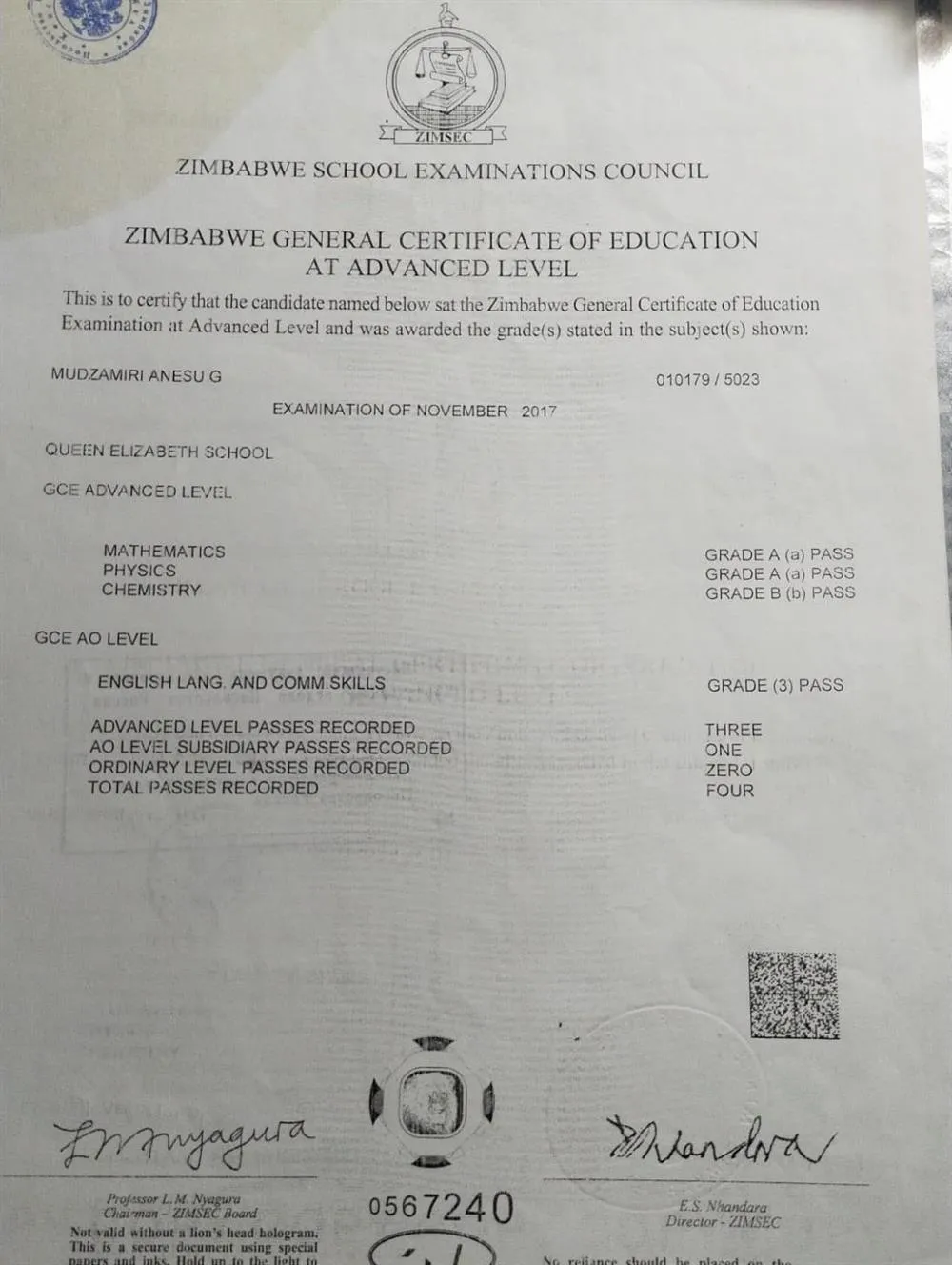 Advanced Level Certificate in English ,Mathematics  , Chemistry and Physics 