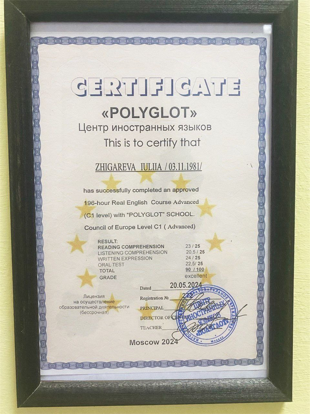 Сертификат, подтверждающий уровень языка C1