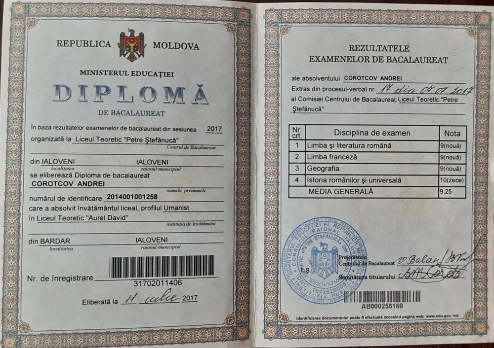 Теоретический лицей им. Аурела Давида (Республика Молдова), с обучением на румынском языке, диплом с отличием. 2005-2017 гг.