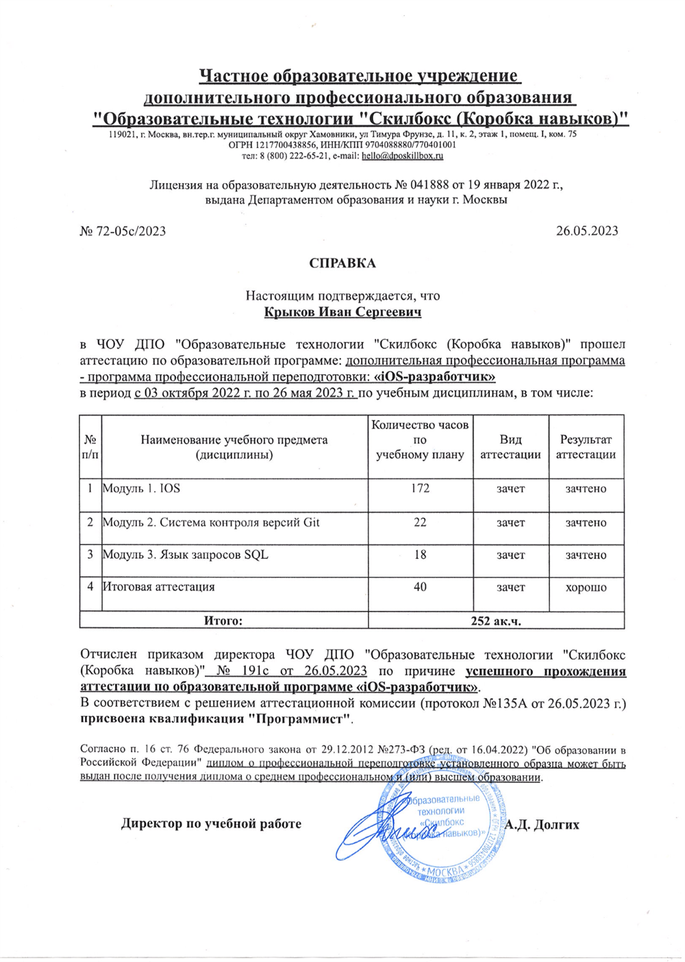 Справка о профессиональной переподготовке