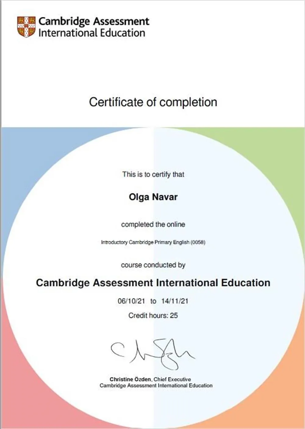 Cambridge Certificate of Completion 