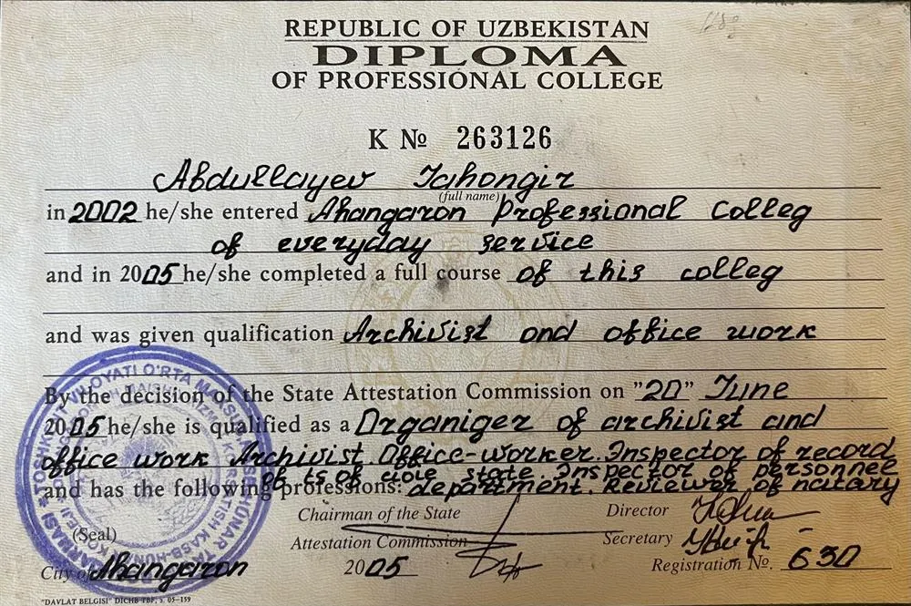 Republic of Uzbekistan, Diploma Professional of College 