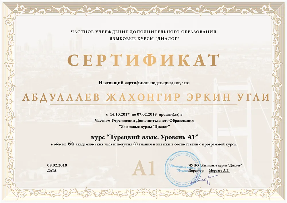 Сертификат, курс "Турецкий язык. Уровень А1"