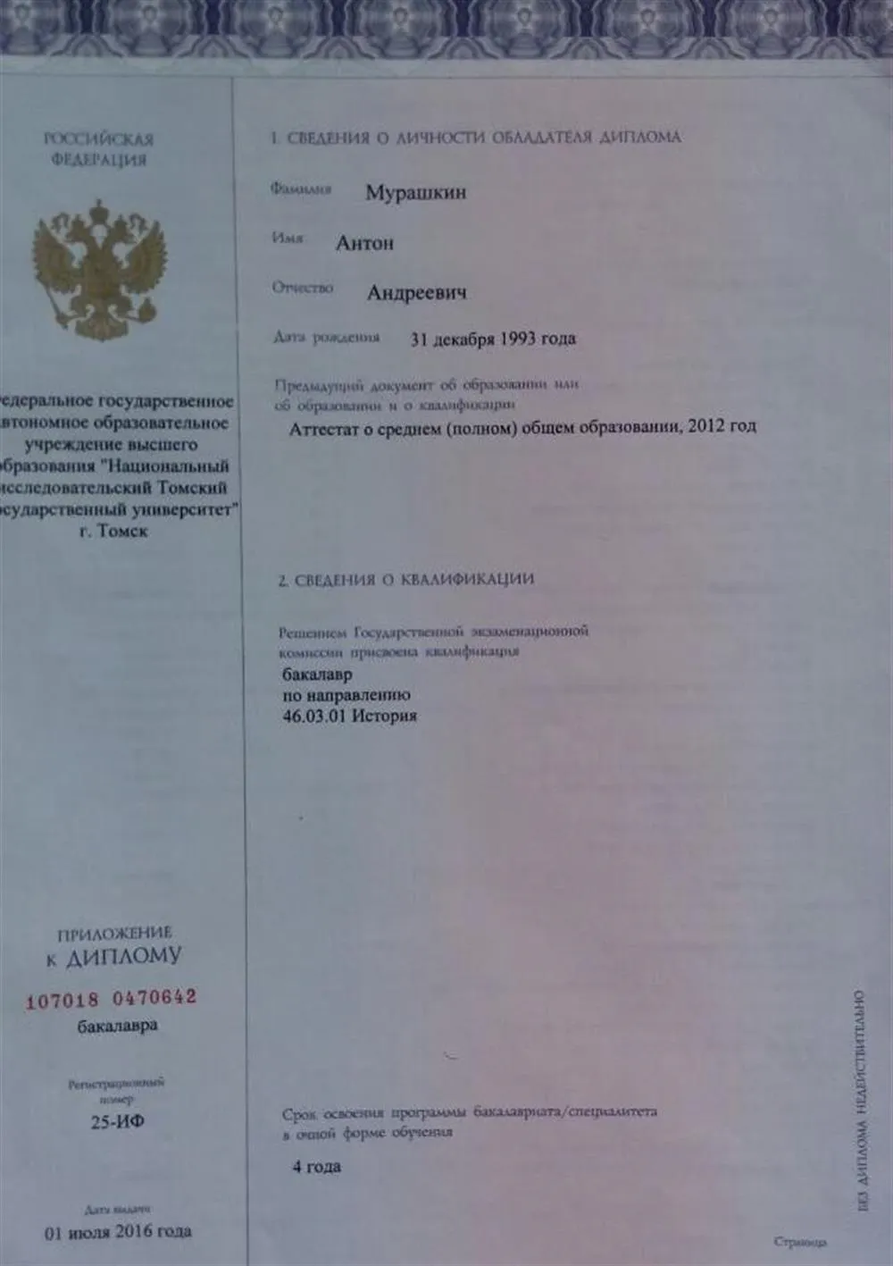 Диплом об окончании Бакалавриата 