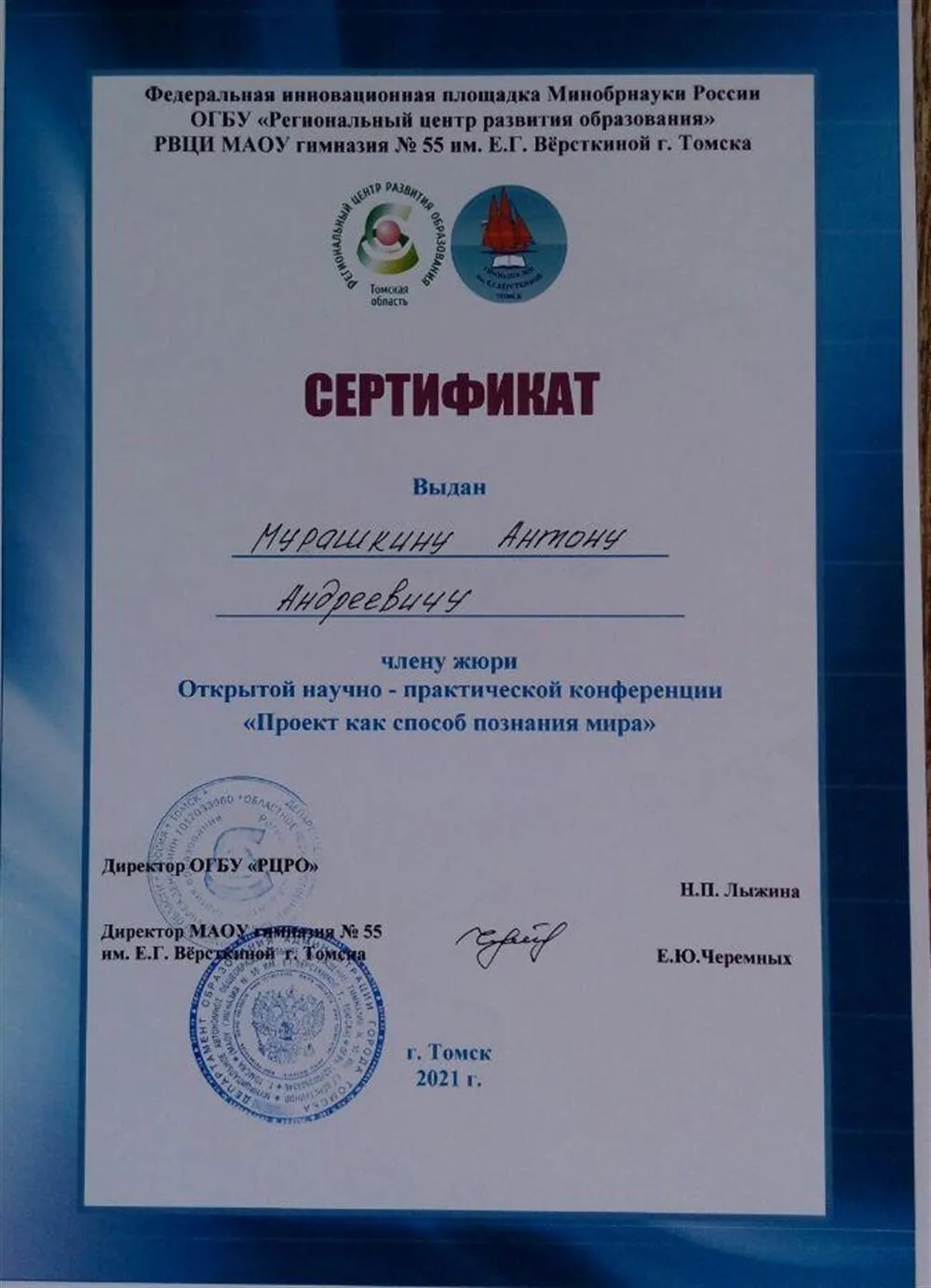 Сертификат члену жюри конкурса