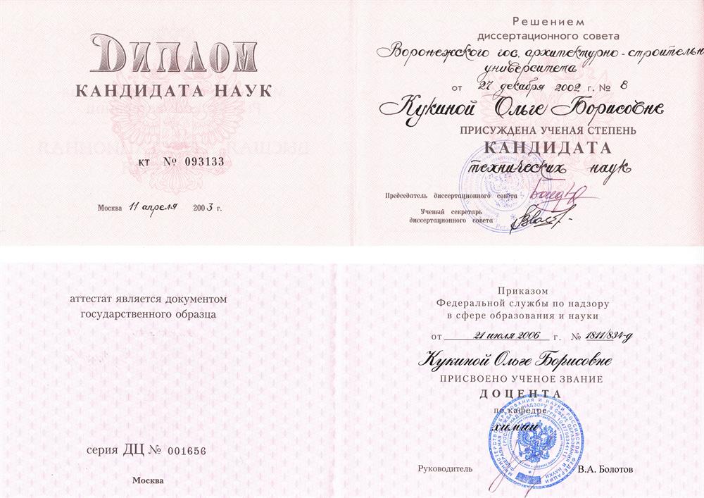 Диплом кандидата технических наук и звания доцента