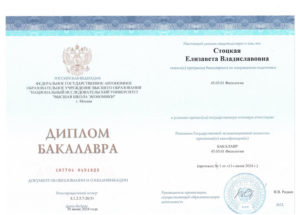 Диплом бакалавра по направлению "Филология"