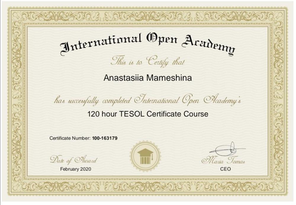 Сертификат. International Open Academy. 120-hours Tesol Certificate