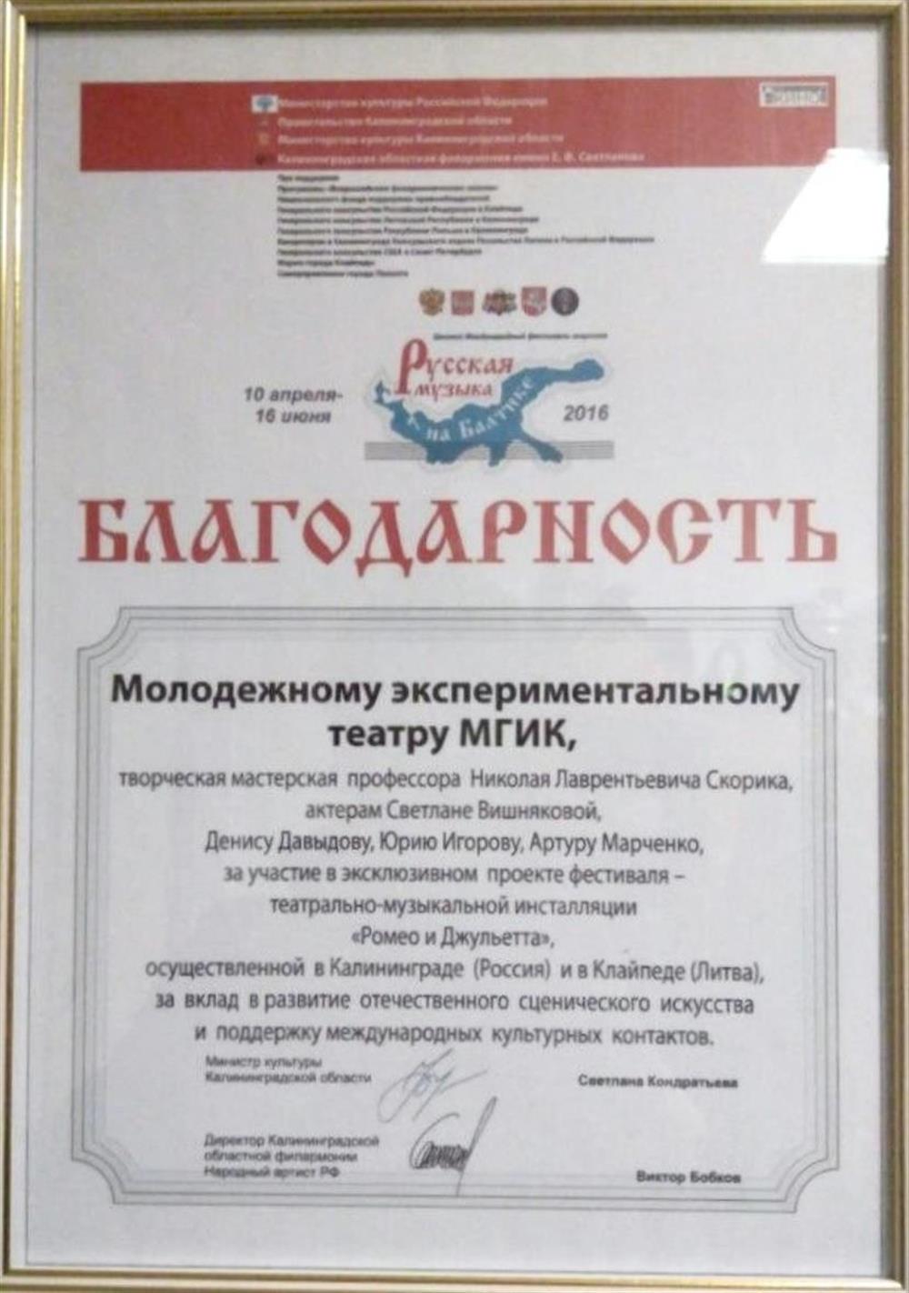 Благодарность за участие в междунарожном проекте 