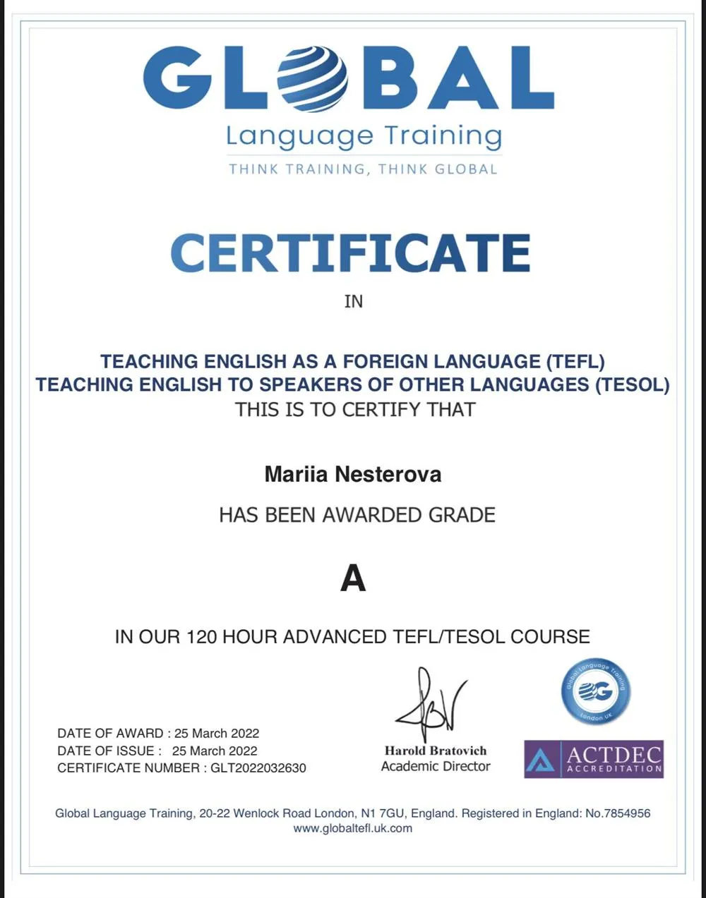 Сертификат TEFL/TESOL