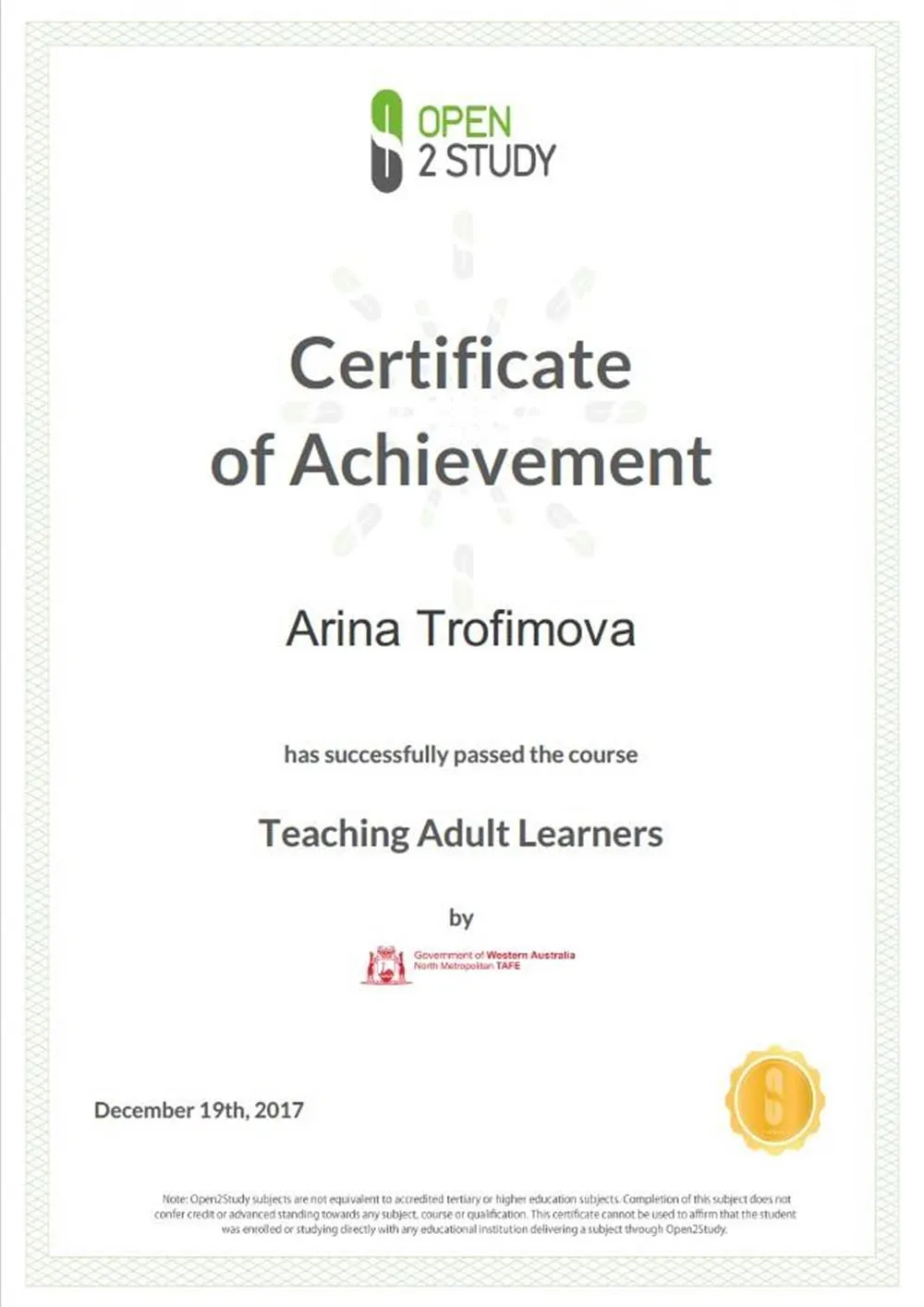 Certificate of Achievement 19/12/2017