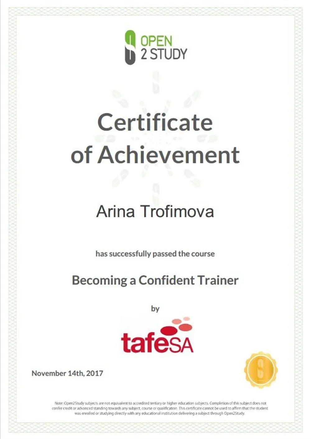 Certificate of Achievement 14/11/2017