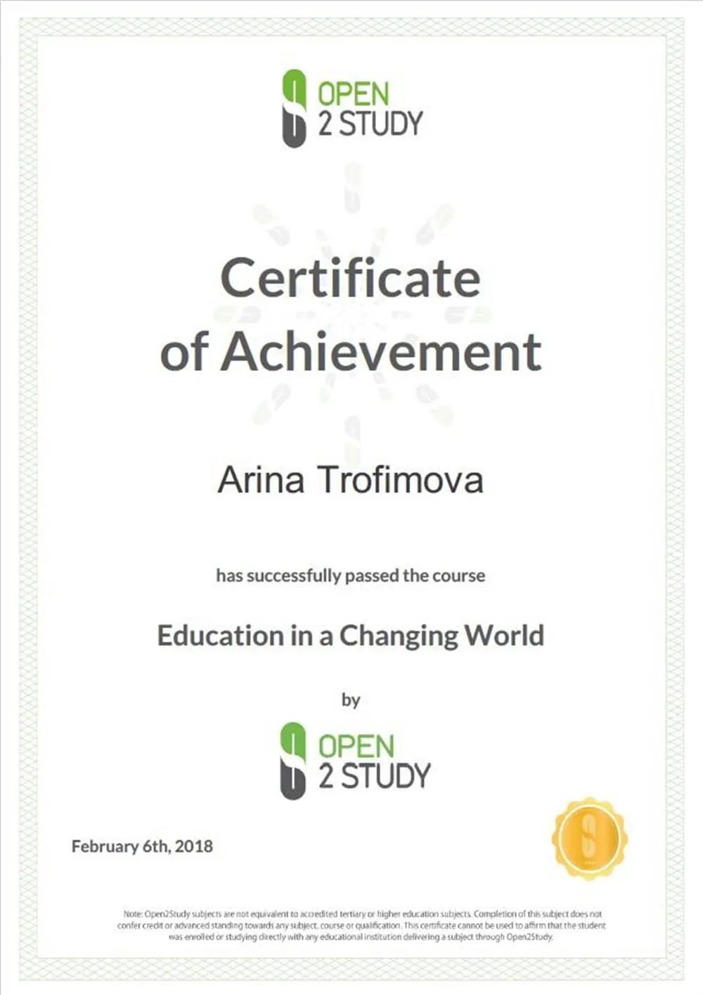 Certificate of Achievement 06/02/2018