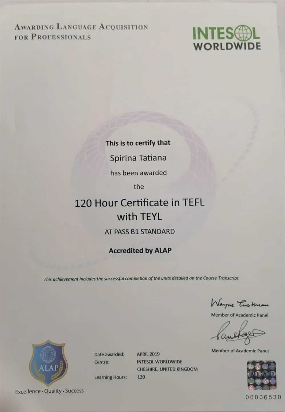 Сертификат TEFL (преподавание английского без использования русского языка) 