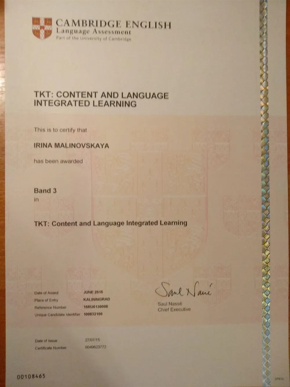 Международный сертификат TKT CLIL