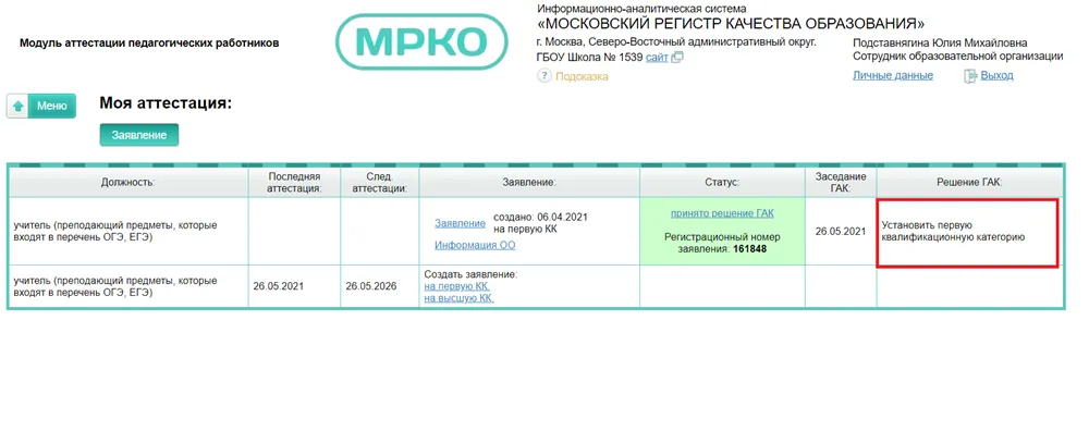 Подтверждение Первой квалификационной категории