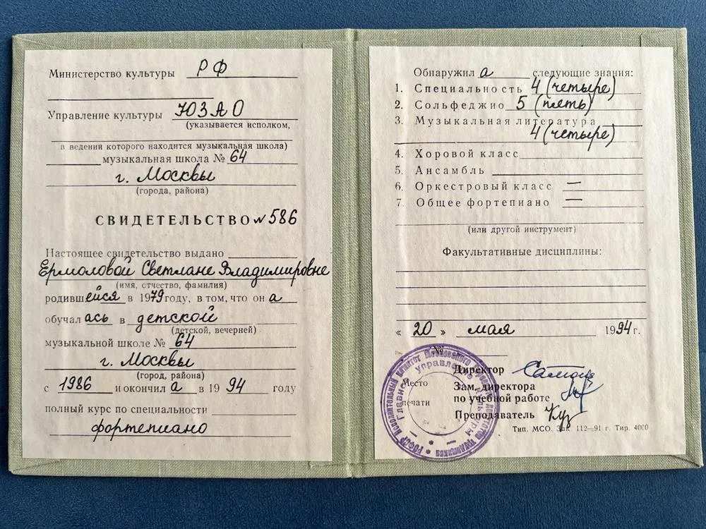 Музыкальная школа 64, специальность фортепиано, г. Москва 