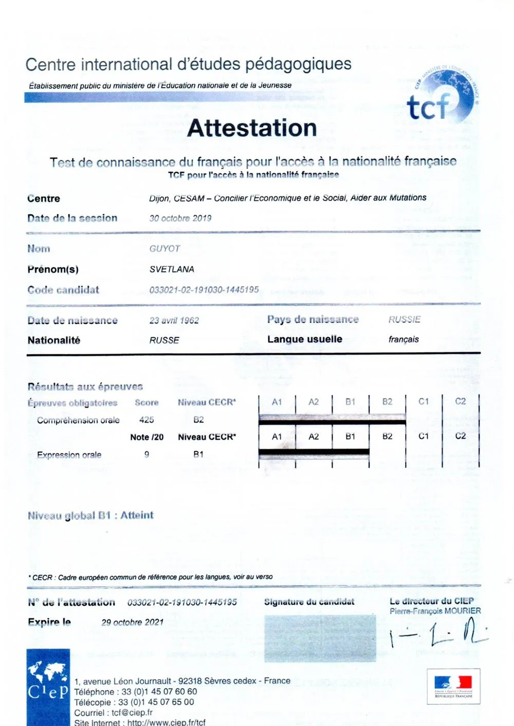 Attestation TCF