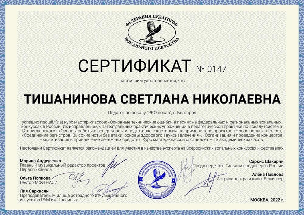 Сертификат о прохождении мастер-классов