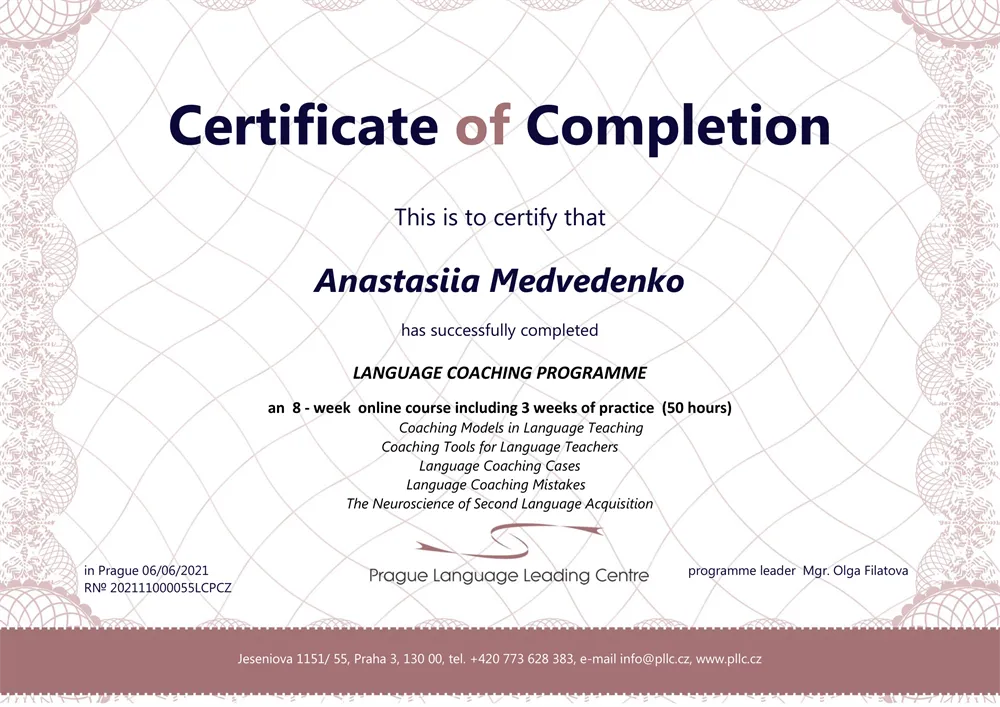 Prague Language Leading Centre Курс «Language Coaching programme», 8-week online course including 3 weeks of practice