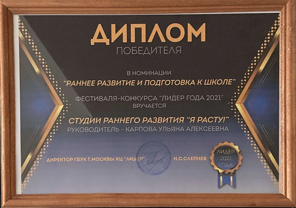 Диплом победителя в номинации «Раннее развитие и подготовка к школе» 