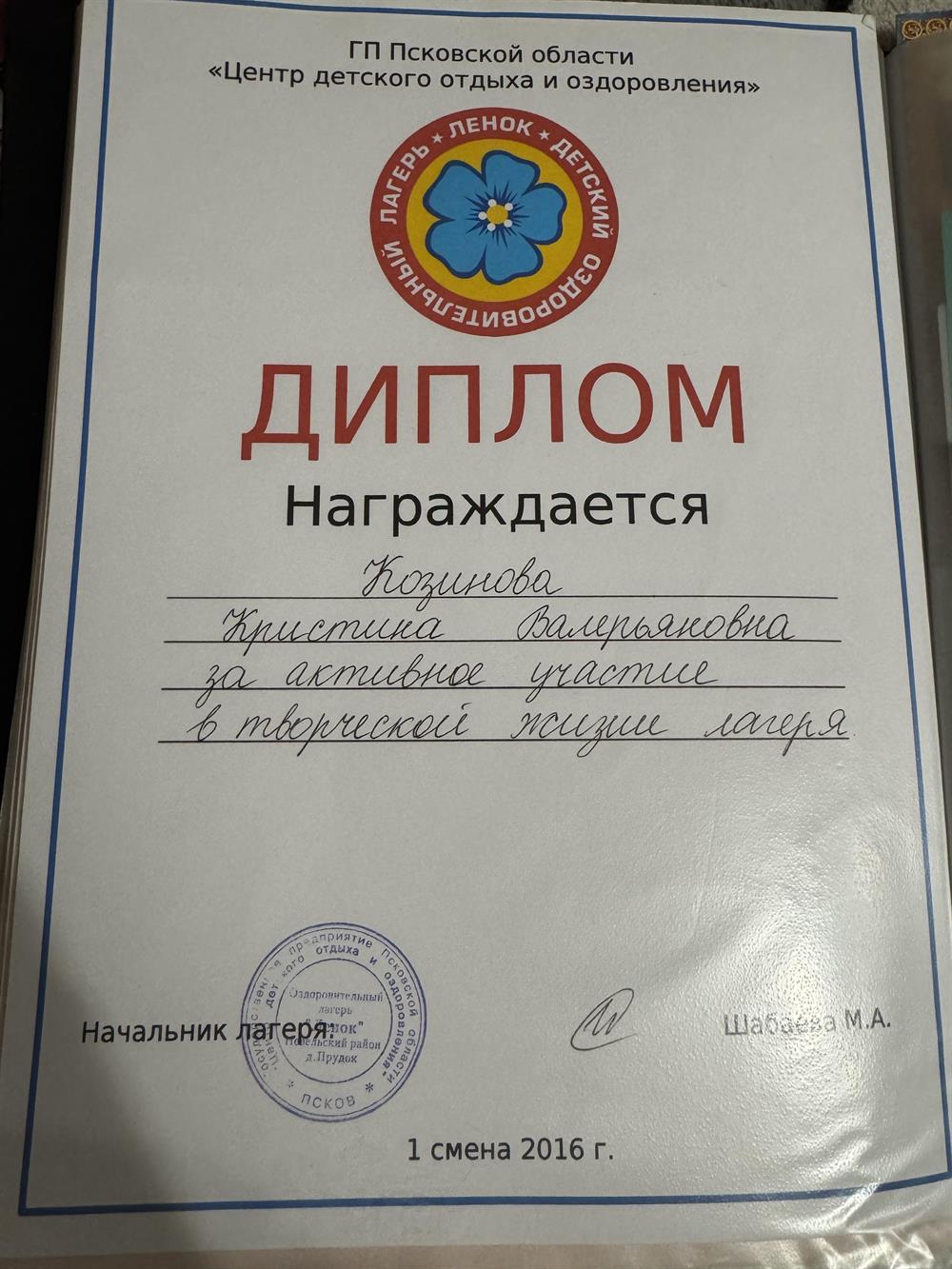 диплом о прохождении практики в лагере .