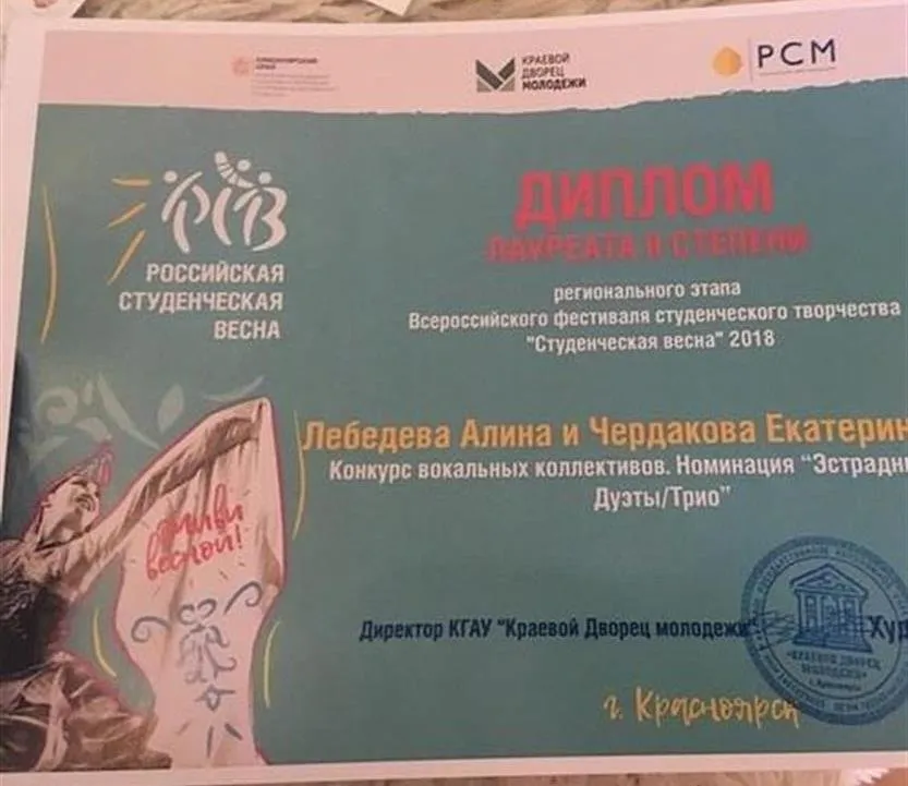 Диплом лауреата II степени регионального этапа Всероссийского конкурса "Студенческая весна" 