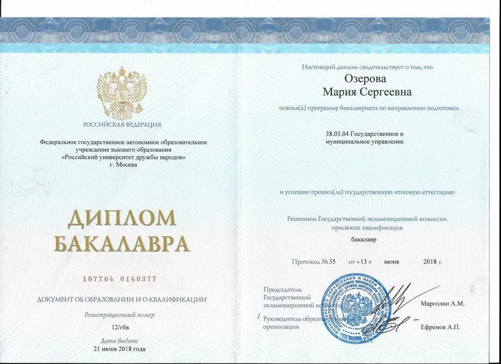 Диплом бакалавра РУДН 