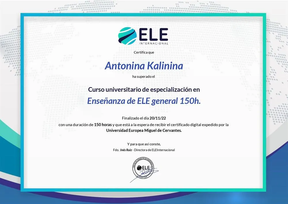 Сертификат ELE Internacional о прохождении курса по преподаванию испанского языка как иностранного