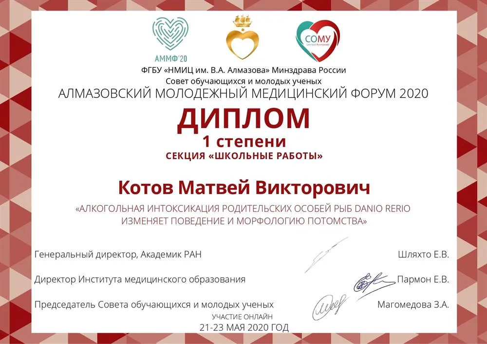 Диплом 1 степени секции "школьных работ" Алмазовского молодёжного медицинского форума