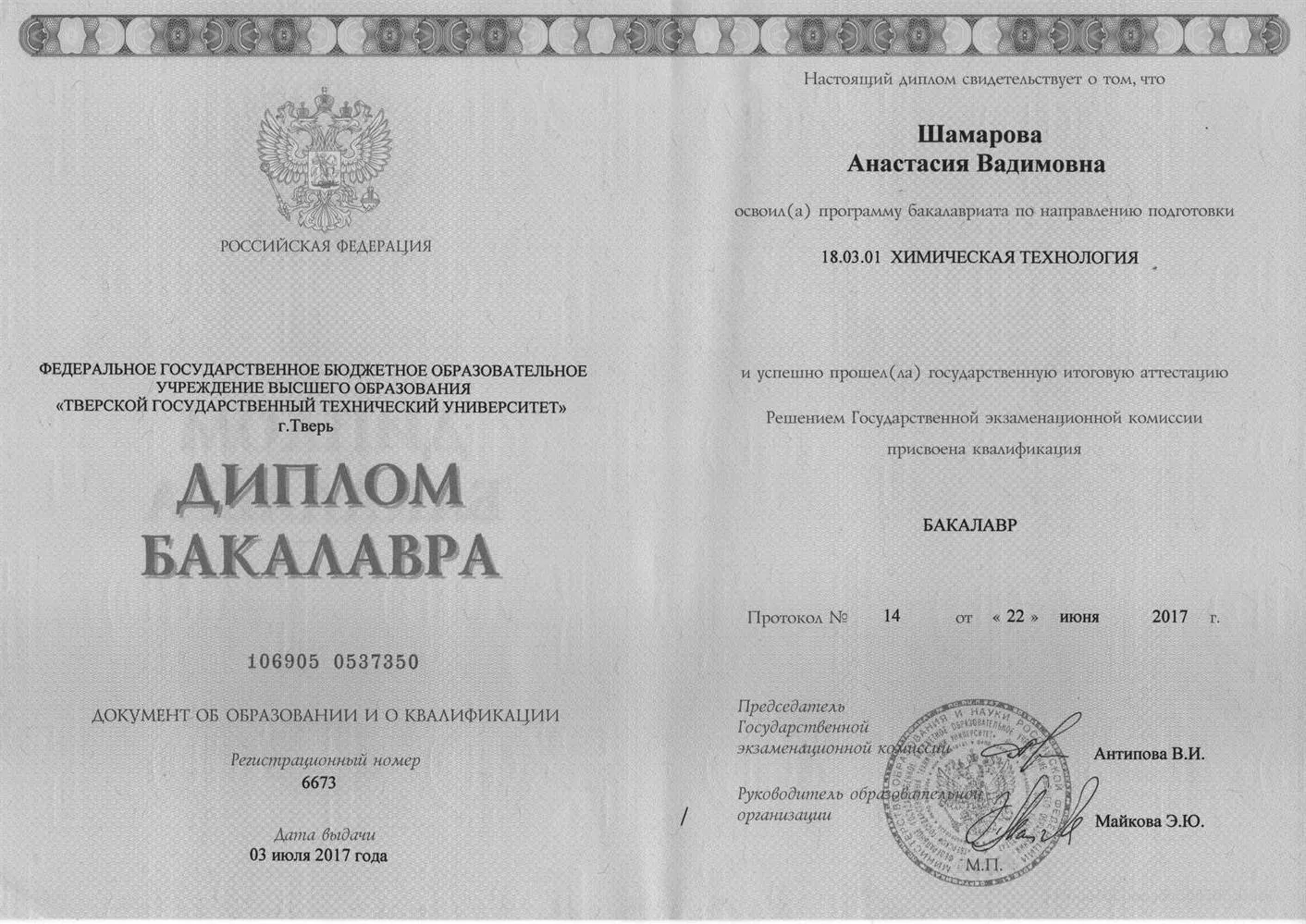 Диплом бакалавра по направлению подготовки "Химическая технология"