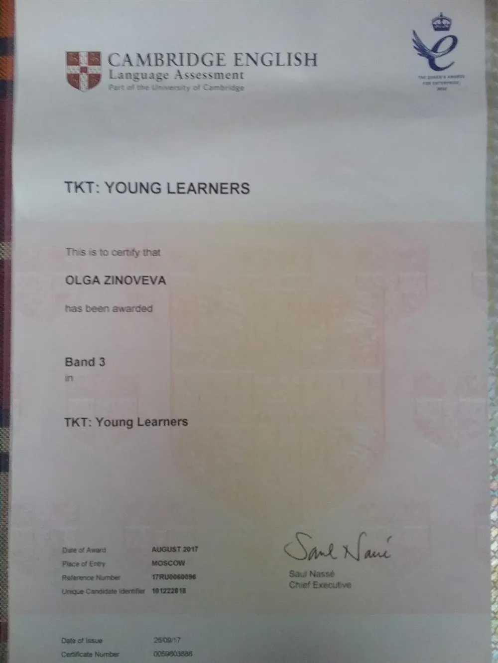 Сертификат TKT: YOUNG LEARNERS 