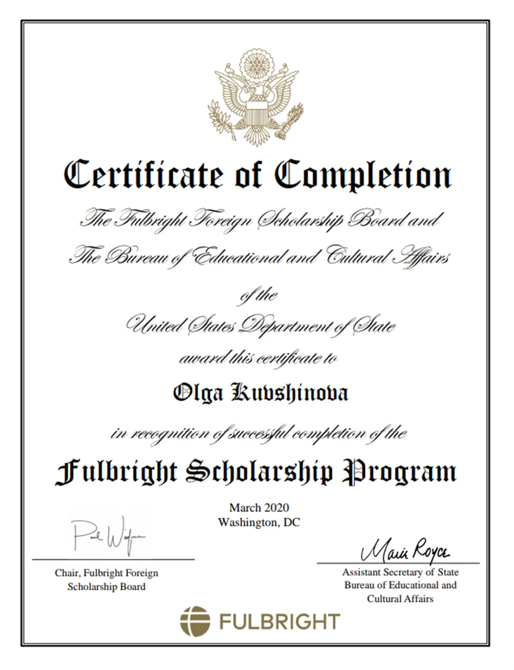 Сертификат об успешном окончании стипендиальной программы грантов Fulbright FLTA (для преподавателей английского языка), работа в рамках программы в Университете Джорджии (University of Georgia), США (август 2019-май 2020)
