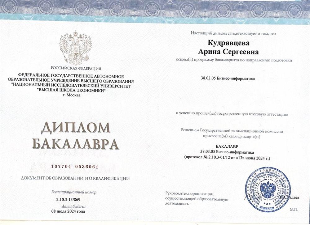 Диплом бакалавра НИУ ВШЭ 