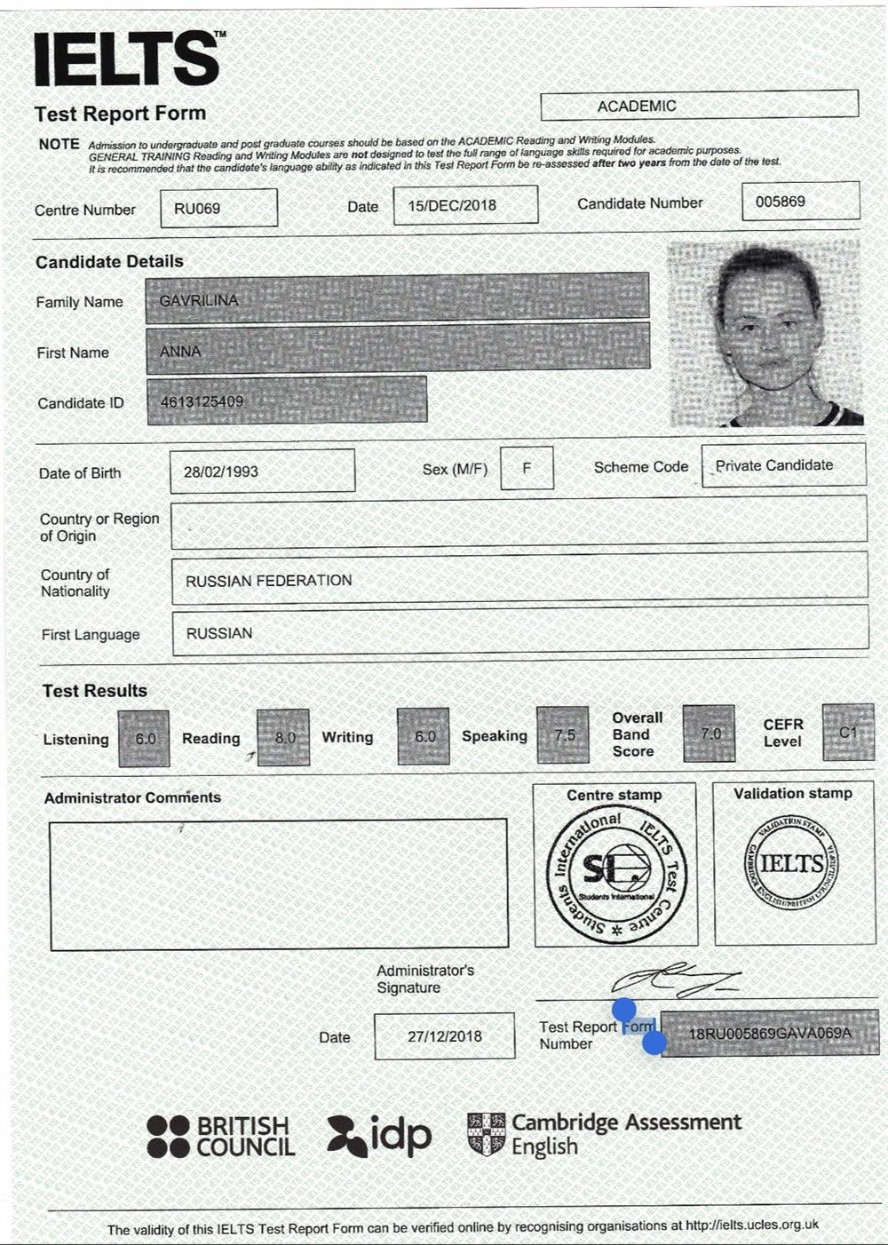IELTS Academic certificate C1 level