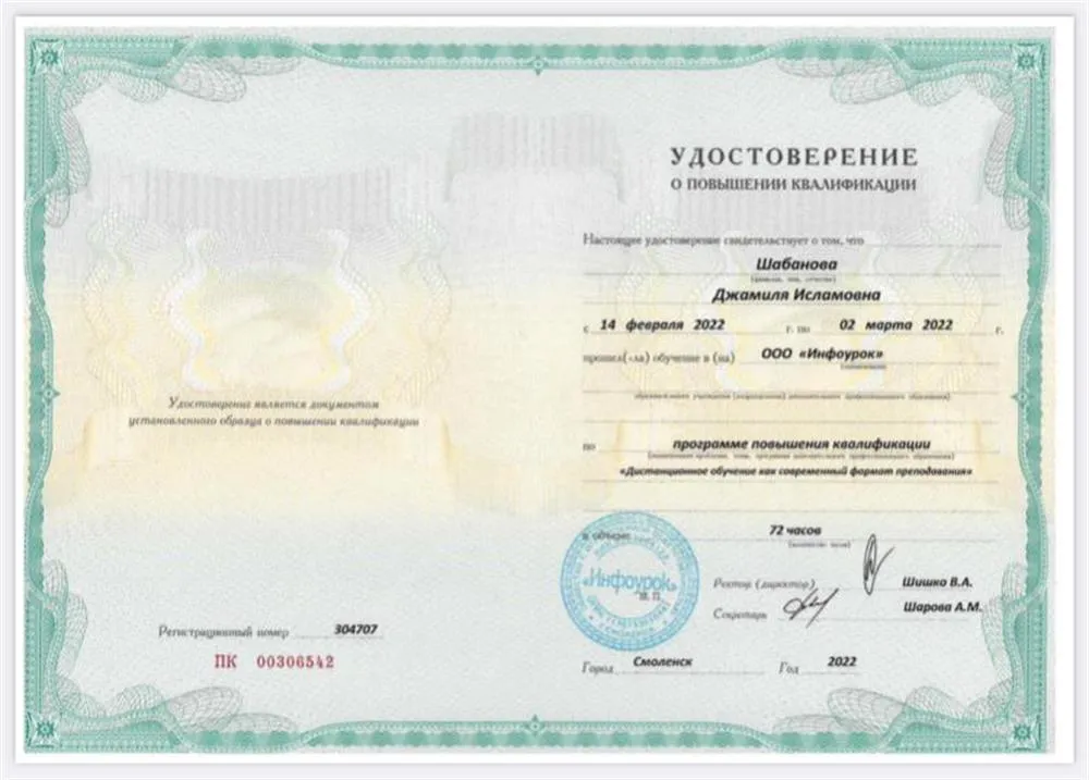 Удостоверение о повышении квалификации 