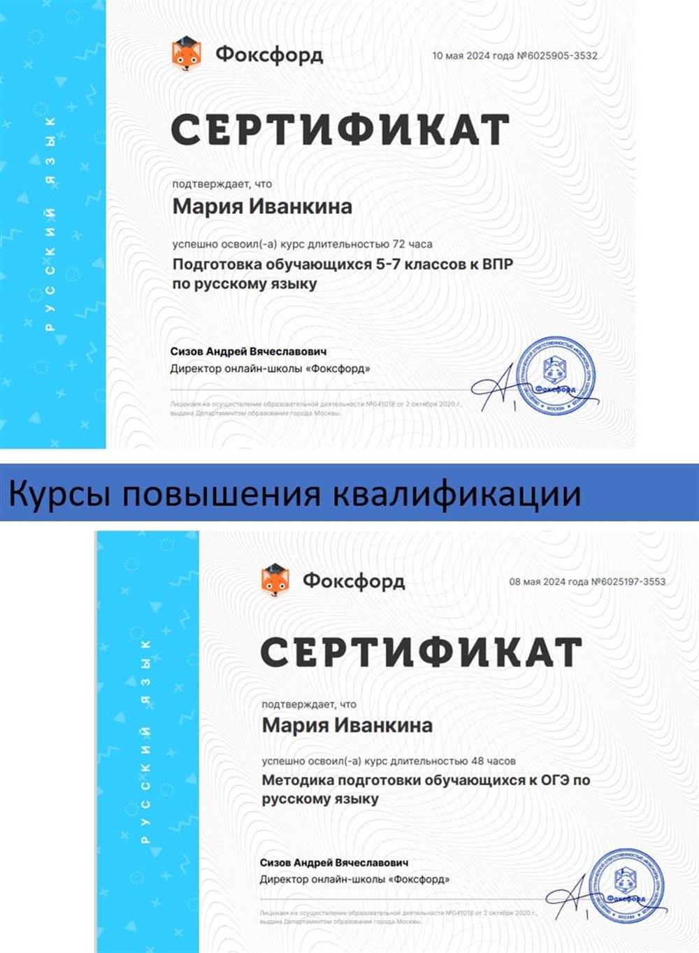 Сертификат. Курсы повышения квалификации 