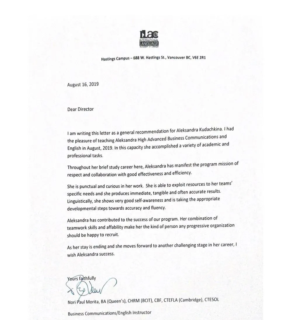Letter from instructor