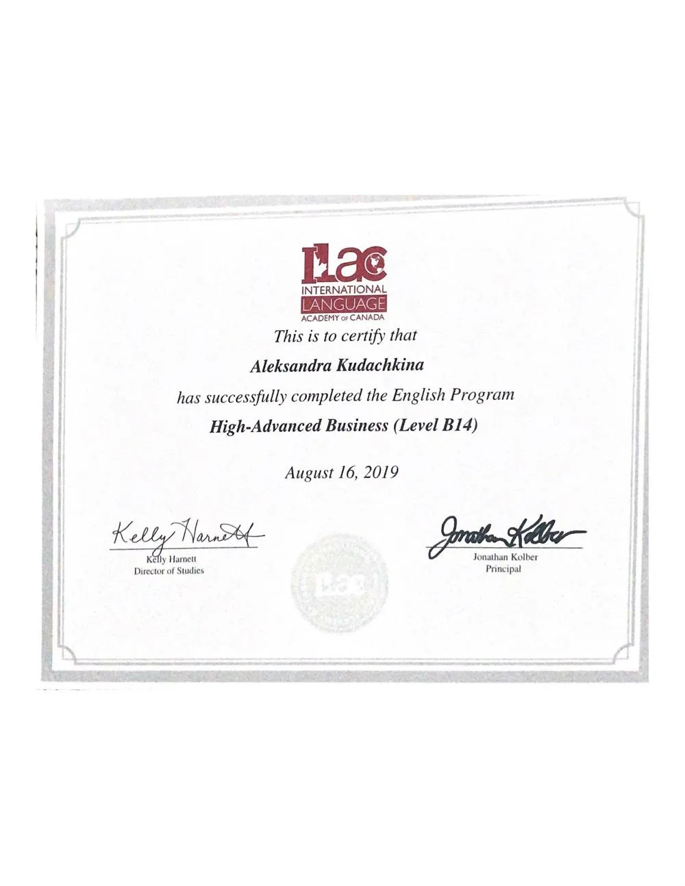 Business English course certificate 
